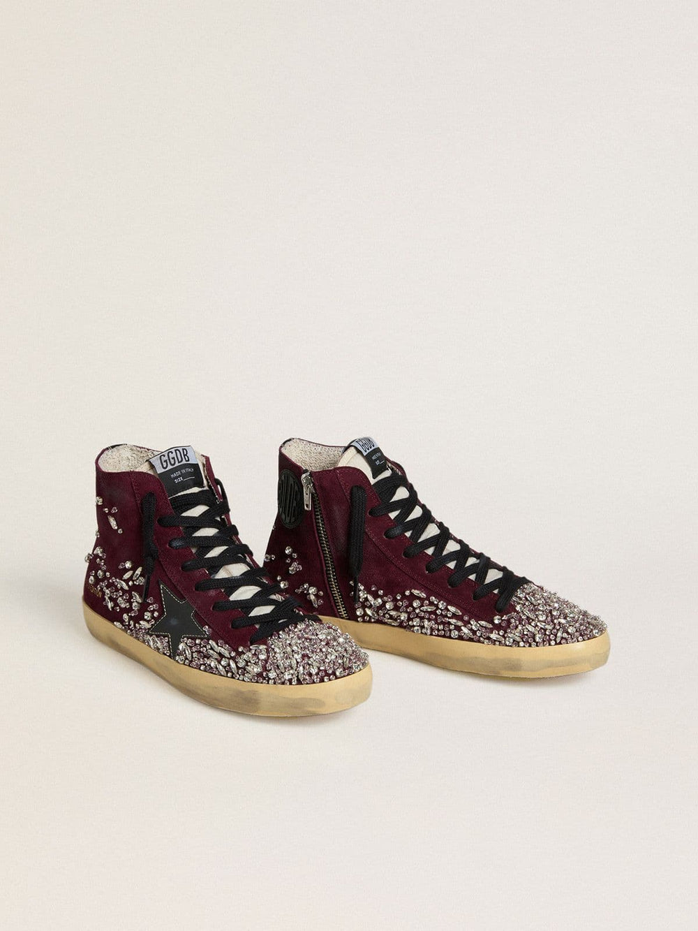 Golden Goose Women's Francy LAB in burgundy suede with glossy black leather star and rhinestones