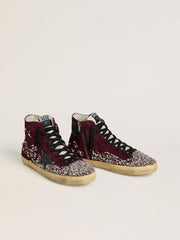 Golden Goose Women's Francy LAB in burgundy suede with glossy black leather star and rhinestones