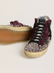 Golden Goose Women's Francy LAB in burgundy suede with glossy black leather star and rhinestones