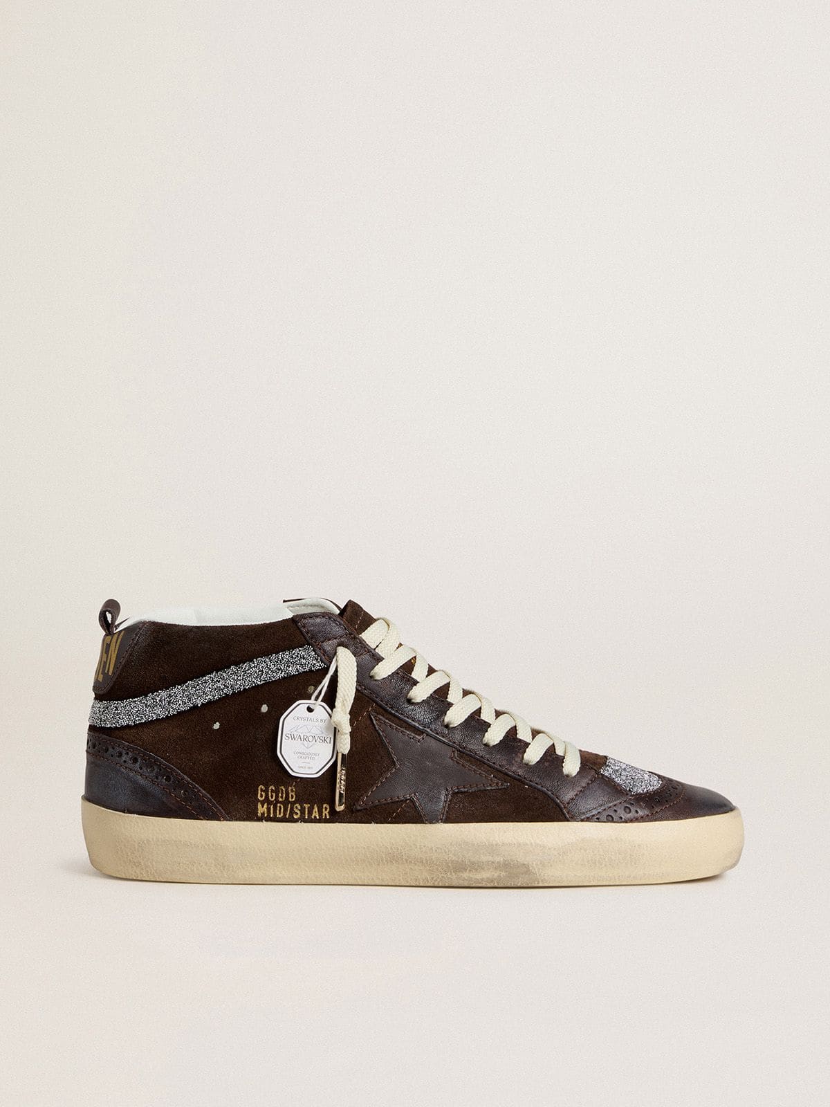 Golden Goose Women's Mid Star in brown suede with leather star and Swarovski crystal flash