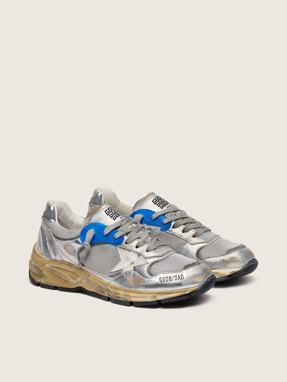 Golden Goose Women's Dad-Star in silver laminated leather and mesh with white leather star and silver heel tab