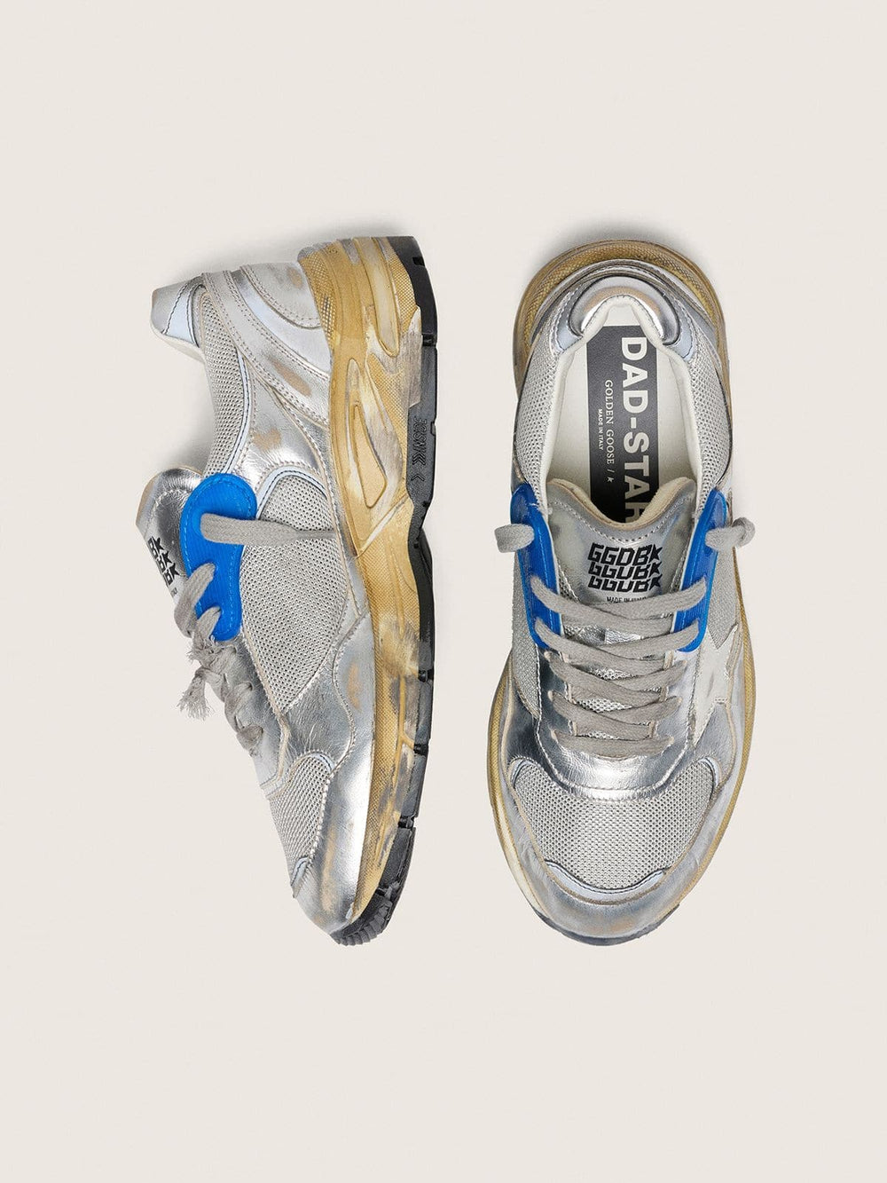 Golden Goose Women's Dad-Star in silver laminated leather and mesh with white leather star and silver heel tab