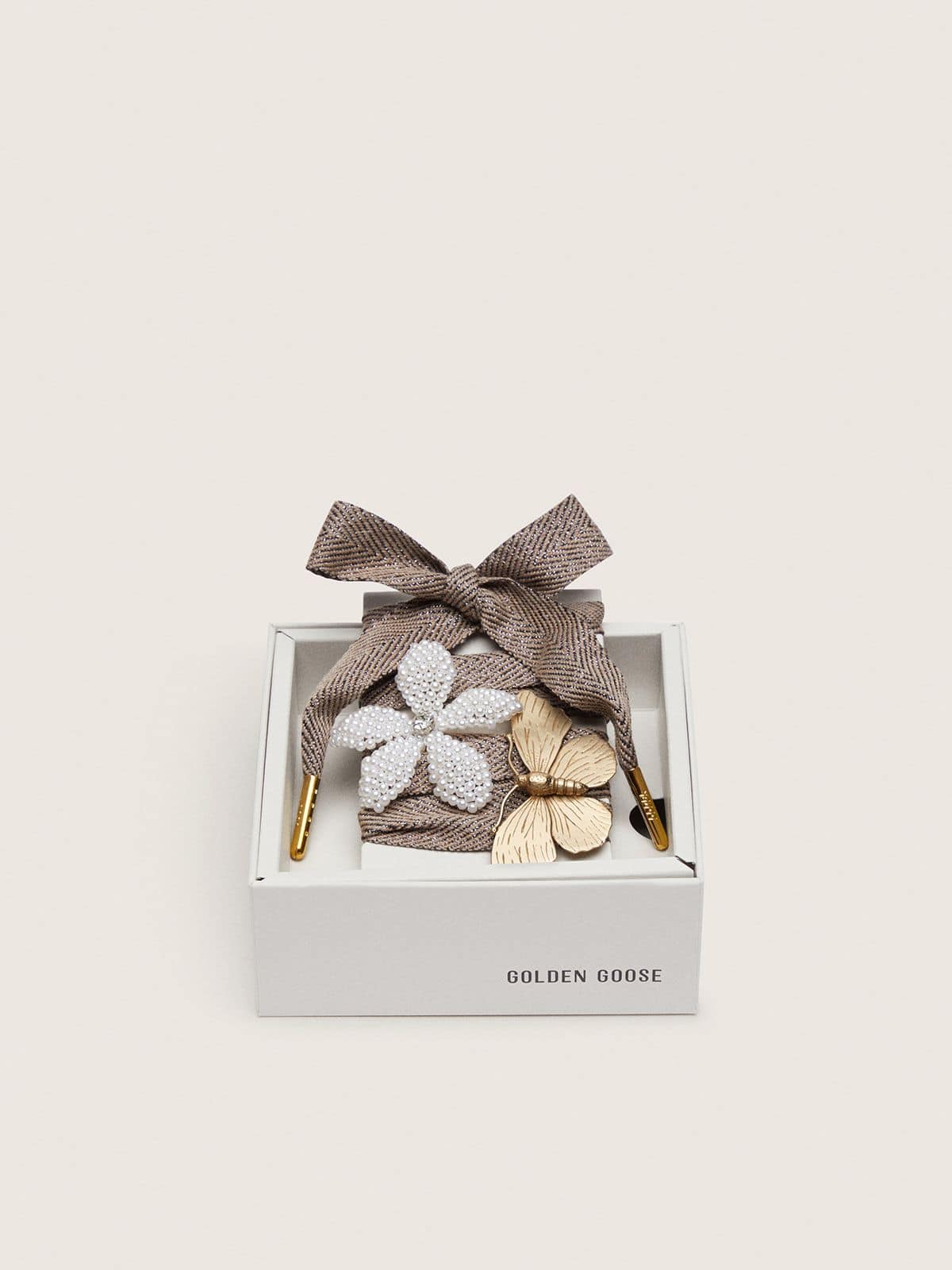 Golden Goose Skin "Sparkling" brown, black and silver herringbone laces with two appliqué charms