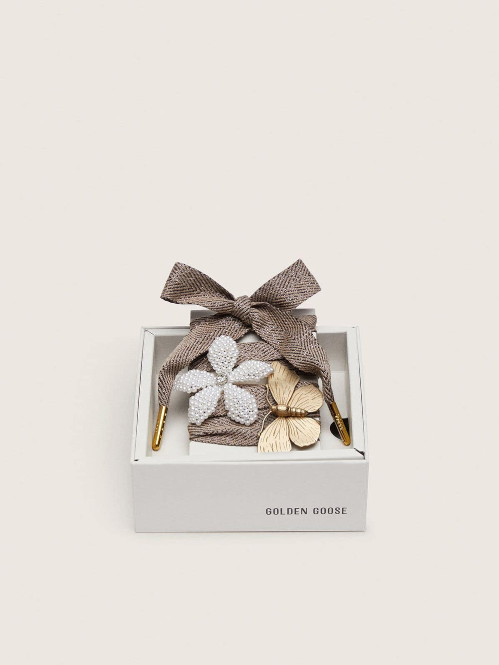 Golden Goose Skin "Sparkling" brown, black and silver herringbone laces with two appliqué charms