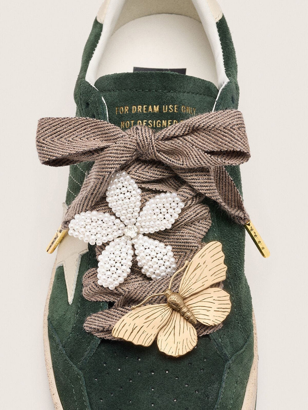 Golden Goose Skin "Sparkling" brown, black and silver herringbone laces with two appliqué charms