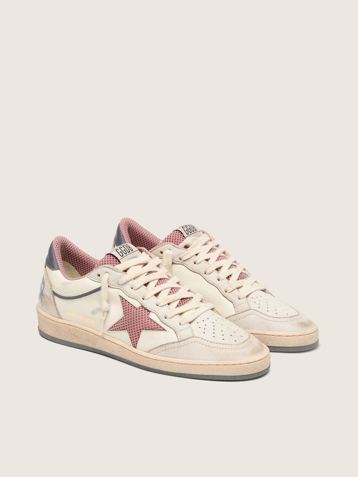 Golden Goose Women's Ball Star LTD in beige leather with pink mesh star and blue leather heel tab