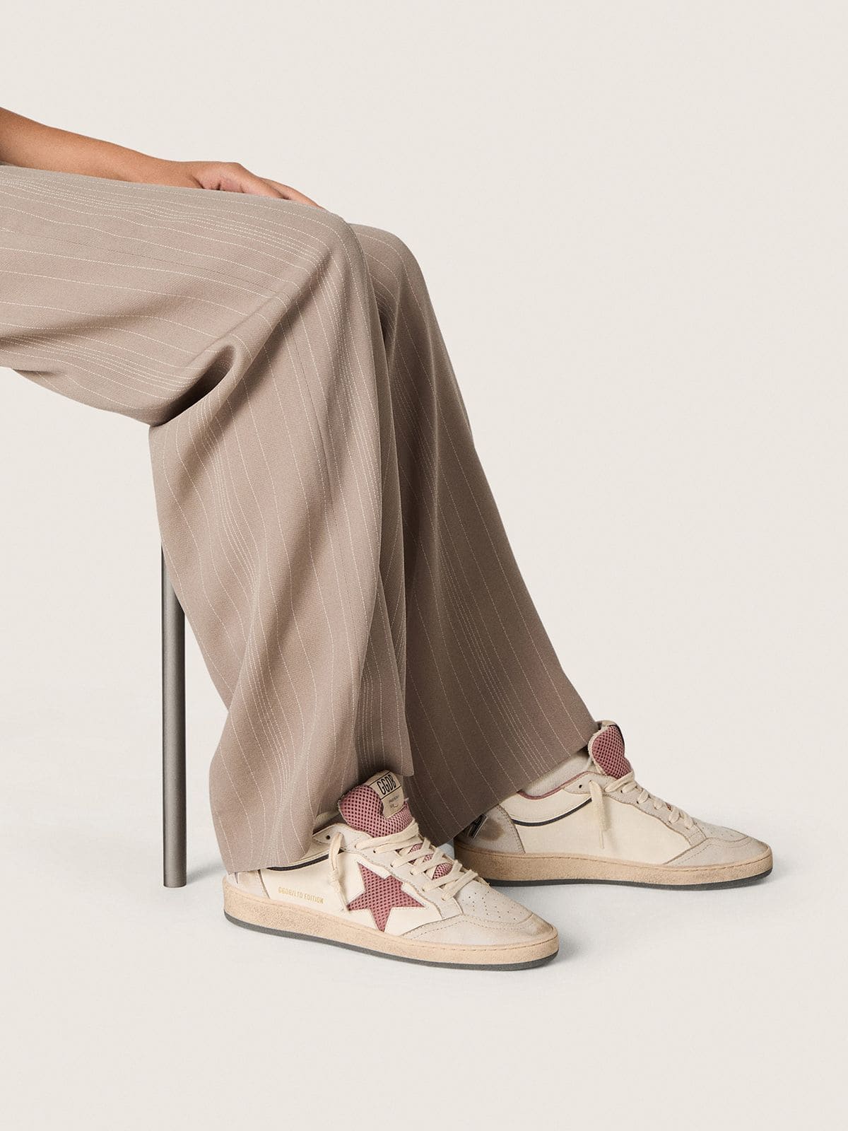 Golden Goose Women's Ball Star LTD in beige leather with pink mesh star and blue leather heel tab