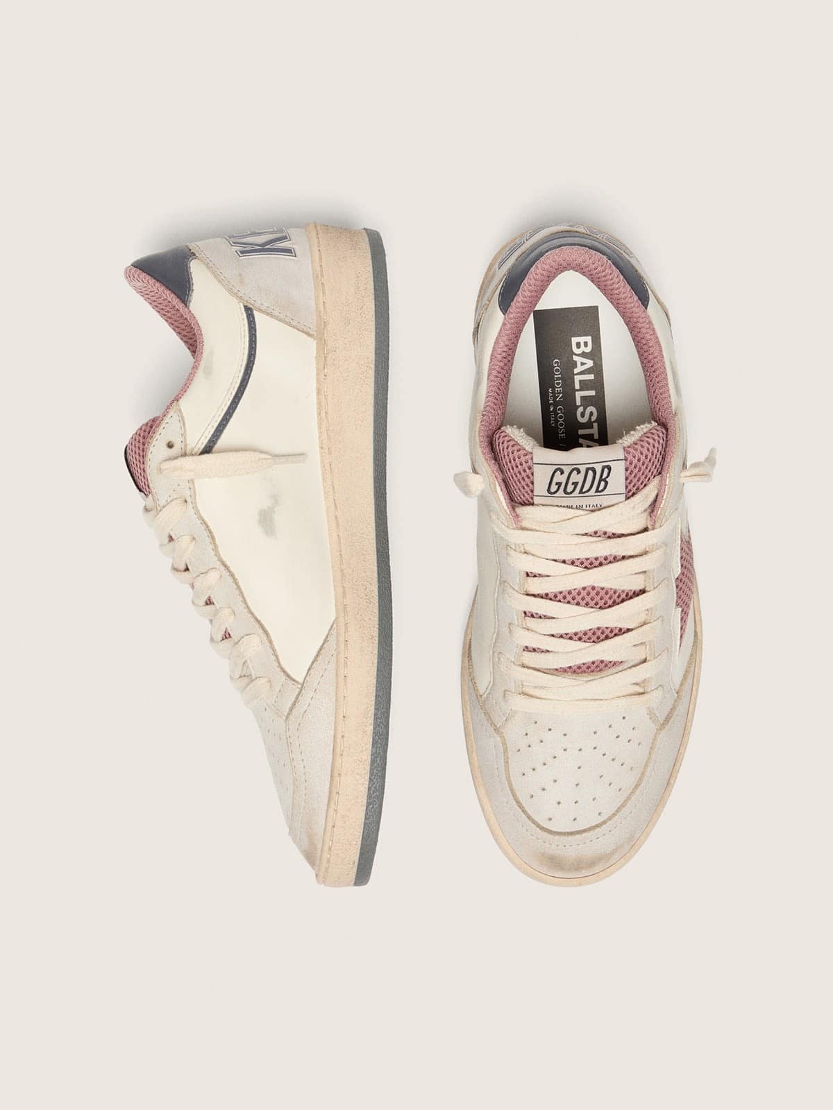 Golden Goose Women's Ball Star LTD in beige leather with pink mesh star and blue leather heel tab