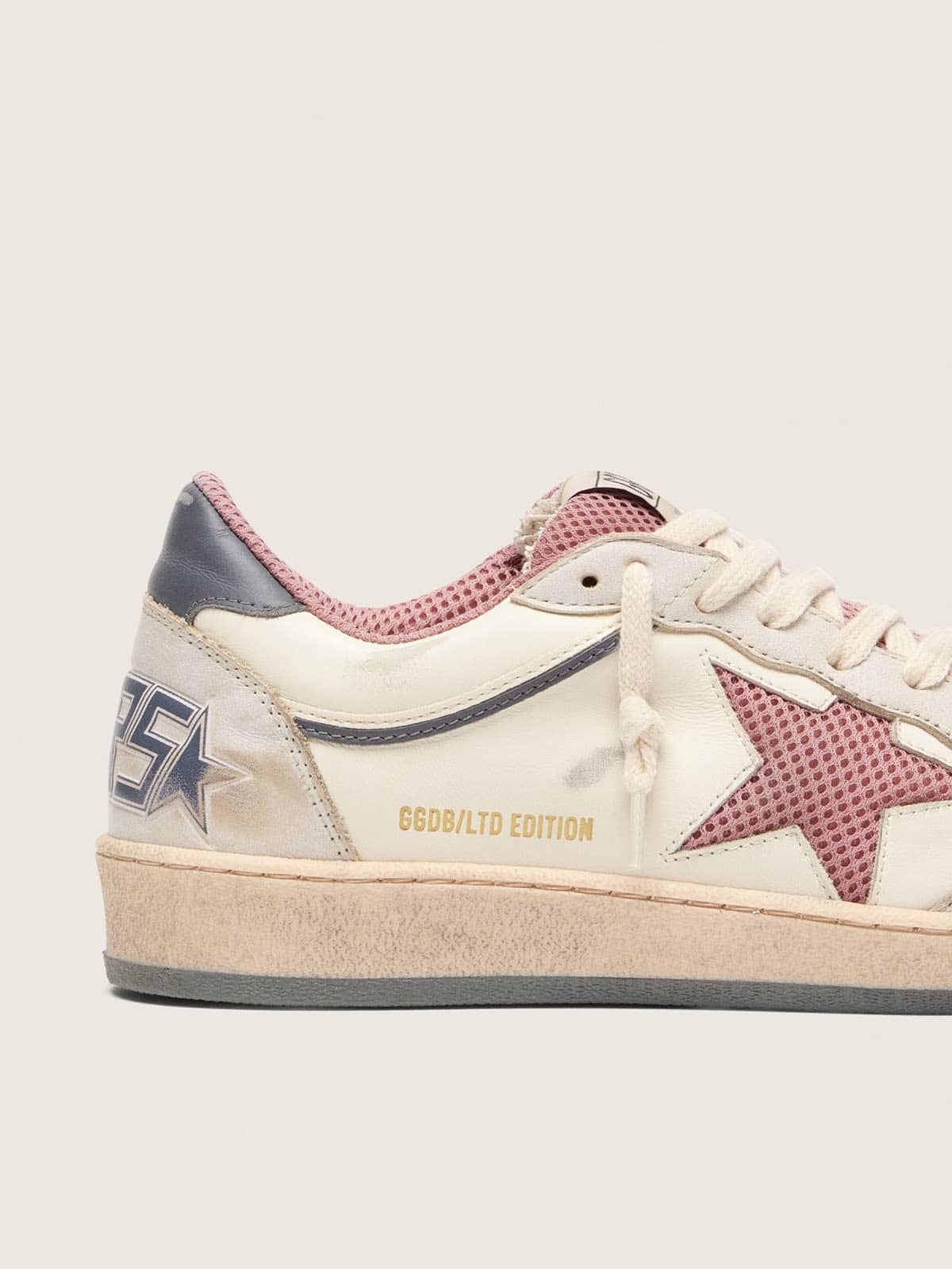 Golden Goose Women's Ball Star LTD in beige leather with pink mesh star and blue leather heel tab