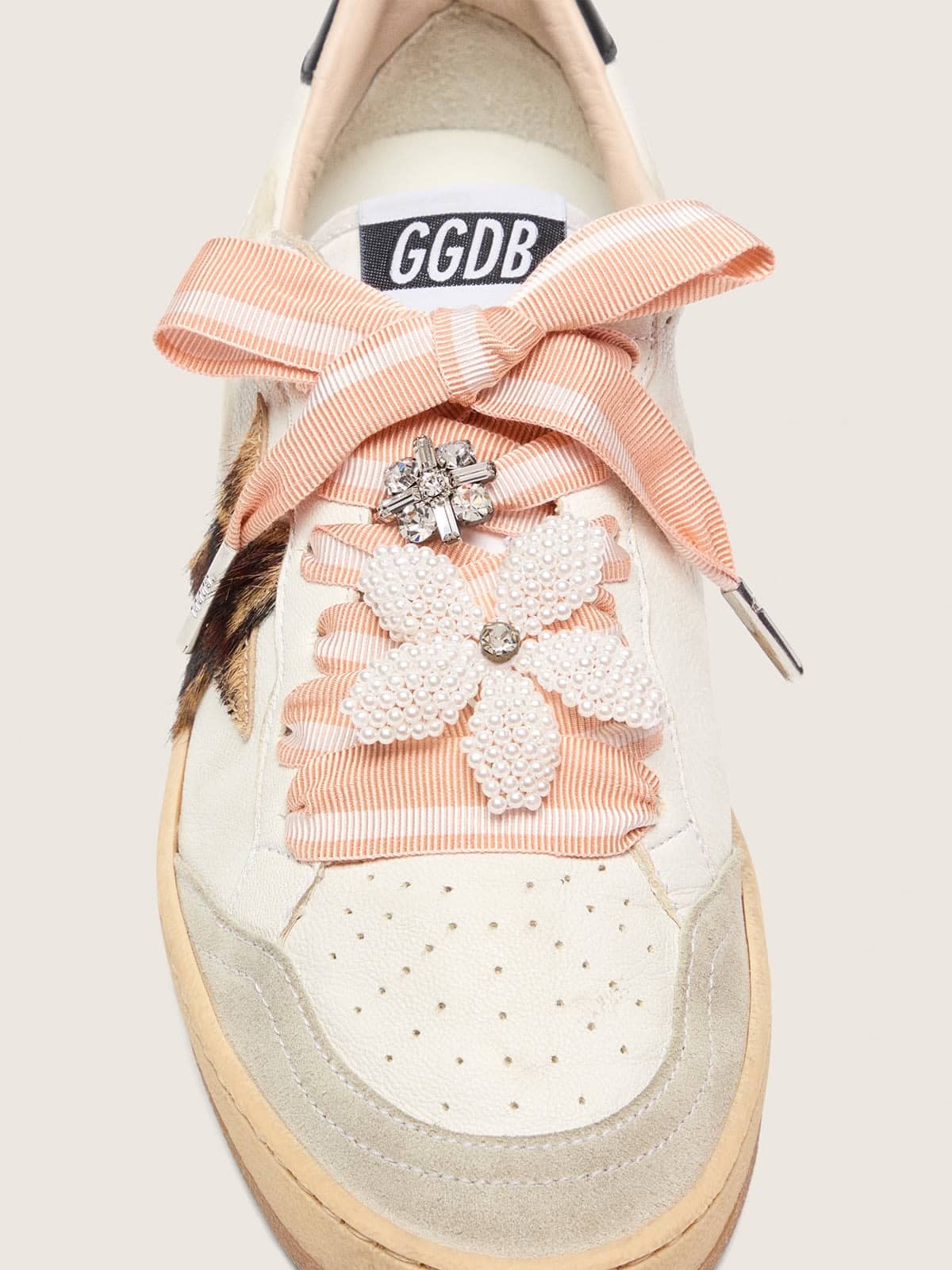 Golden Goose Skins white and pink striped laces with beaded and crystal charms