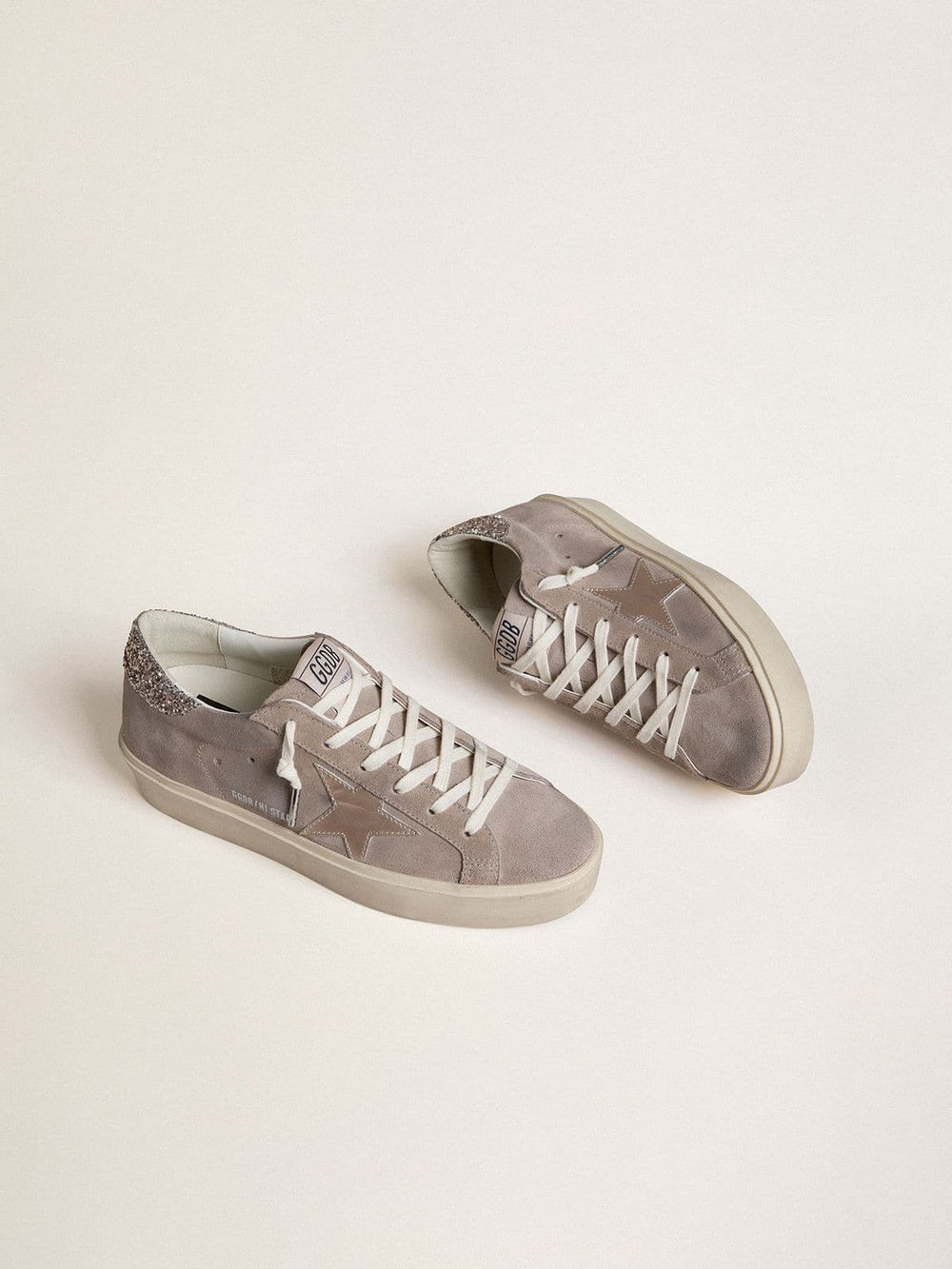Golden Goose Women’s Hi Star sneakers in beige suede with laminated leather star and glitter heel tab