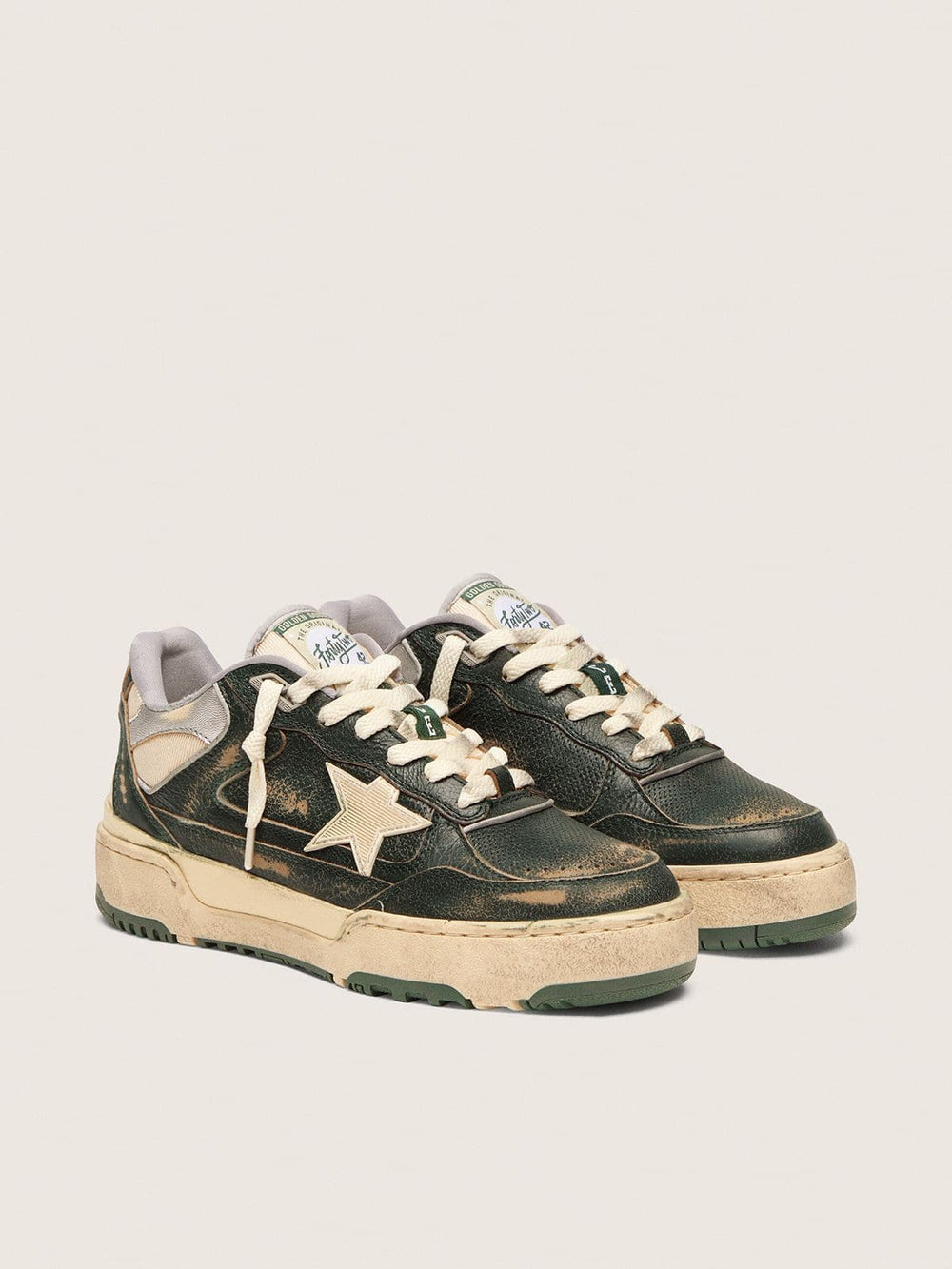 Golden Goose Women's Forty2 in green leather and cream nylon with TPU star and silver leather heel tab