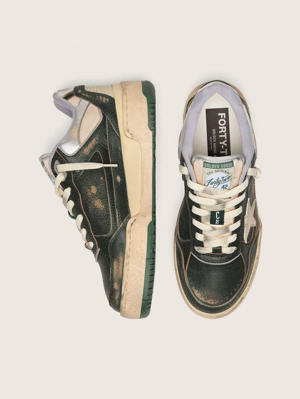 Golden Goose Women's Forty2 in green leather and cream nylon with TPU star and silver leather heel tab