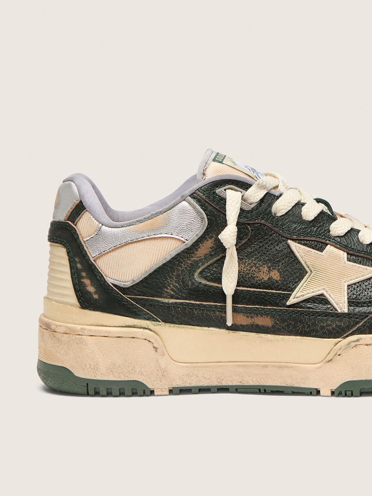 Golden Goose Women's Forty2 in green leather and cream nylon with TPU star and silver leather heel tab