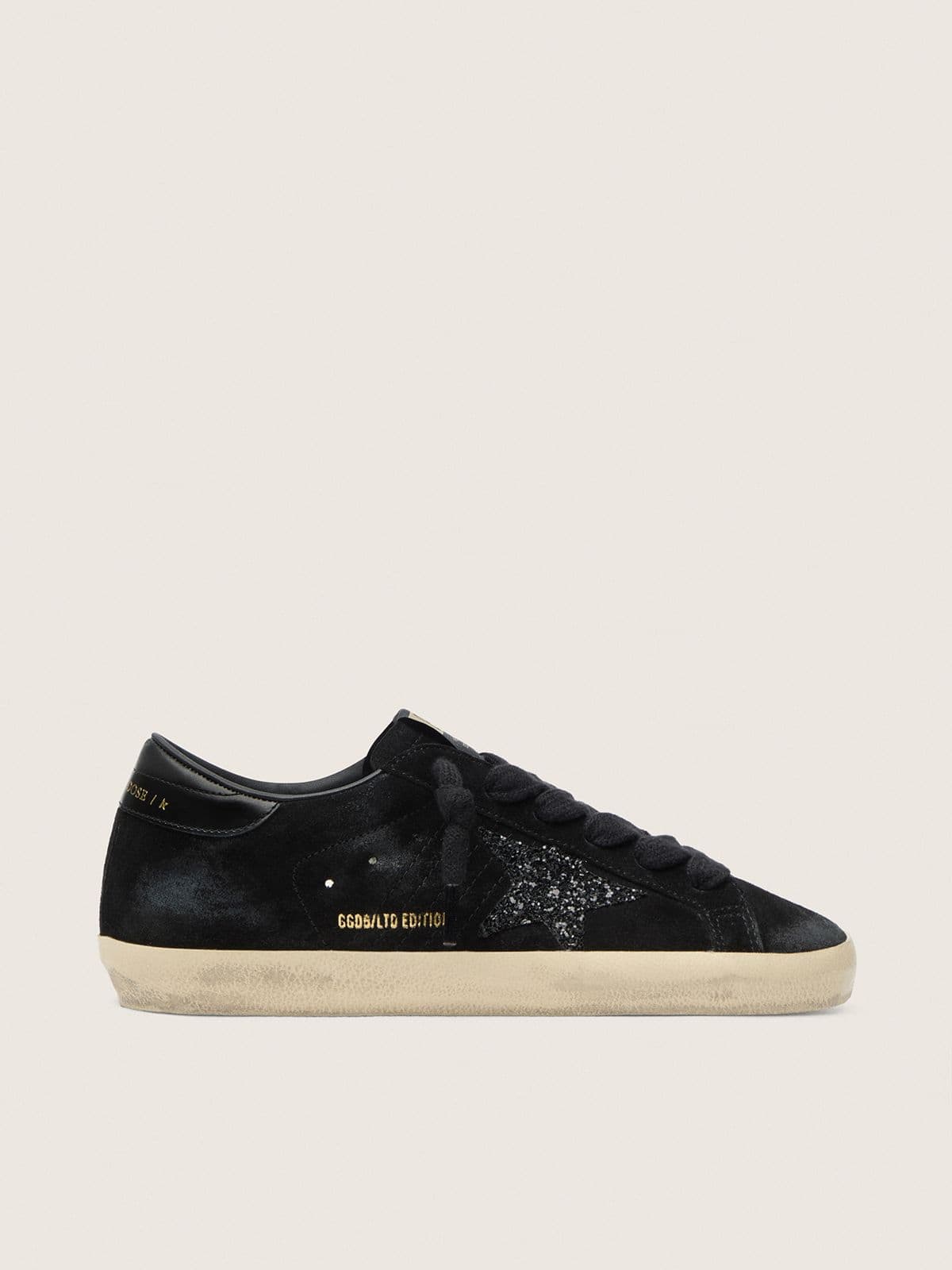 Golden Goose Women's Super-Star LTD in black suede with black glitter star and black leather heel tab