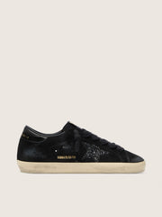 Golden Goose Women's Super-Star LTD in black suede with black glitter star and black leather heel tab
