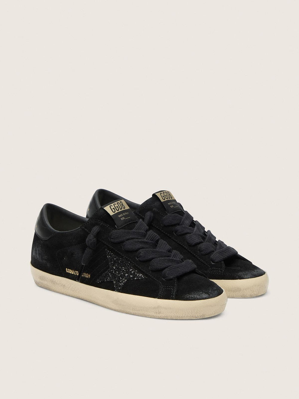 Golden Goose Women's Super-Star LTD in black suede with black glitter star and black leather heel tab