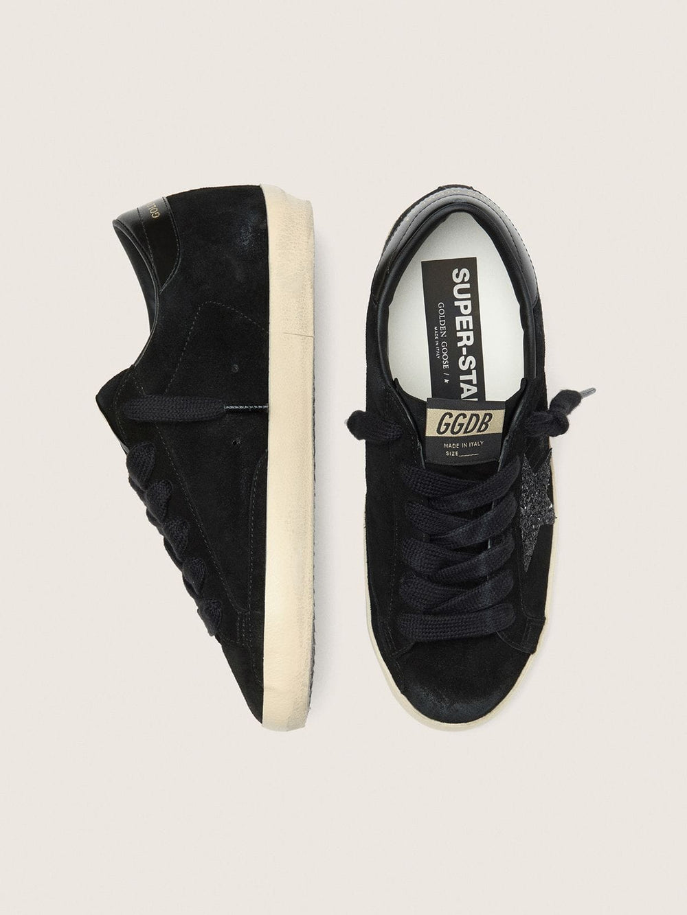 Golden Goose Women's Super-Star LTD in black suede with black glitter star and black leather heel tab