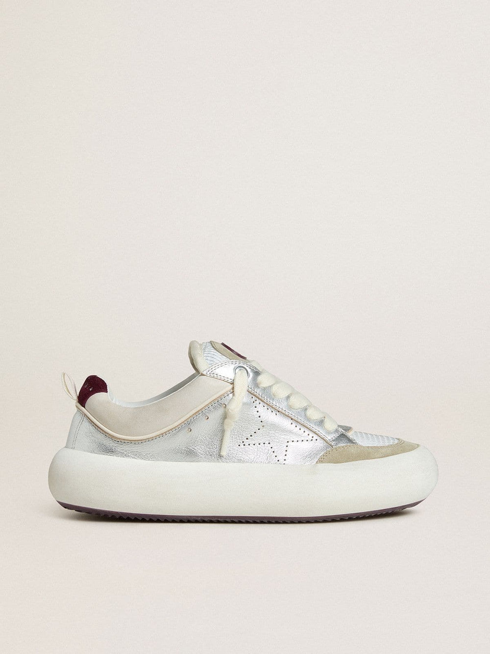 Golden Goose Women’s Space-Star Cube in ice-gray and silver leather with burgundy heel tab