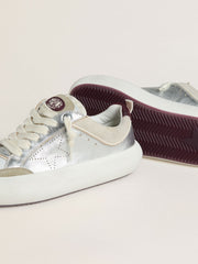 Golden Goose Women’s Space-Star Cube in ice-gray and silver leather with burgundy heel tab