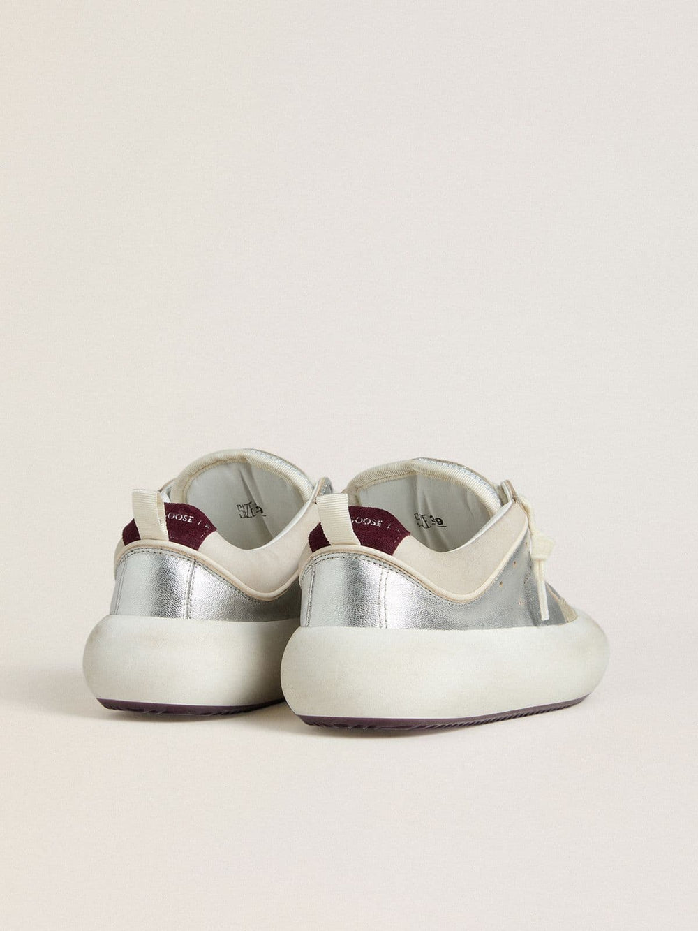 Golden Goose Women’s Space-Star Cube in ice-gray and silver leather with burgundy heel tab