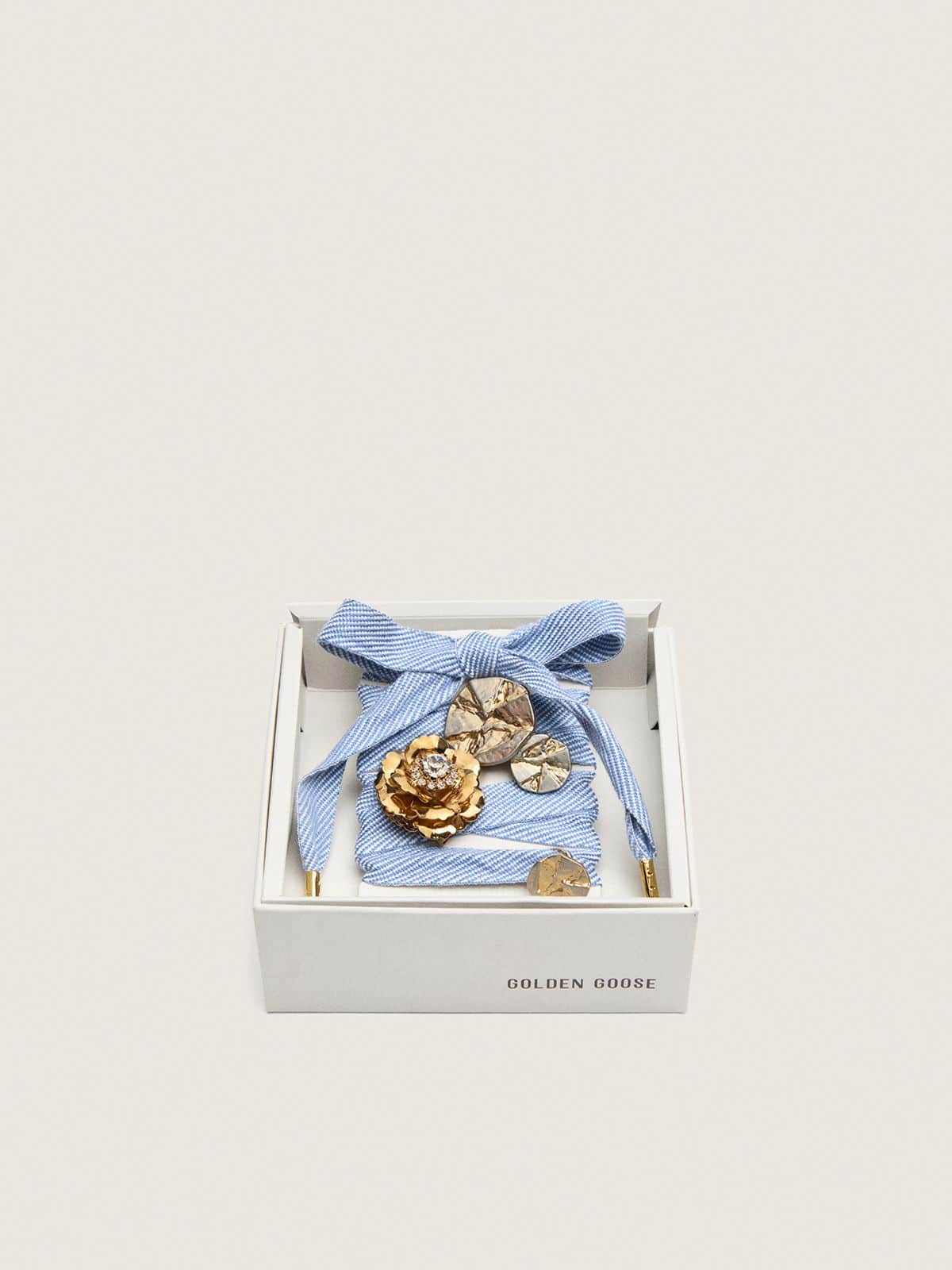 Golden Goose Skins light blue and white herringbone laces embellished with charms