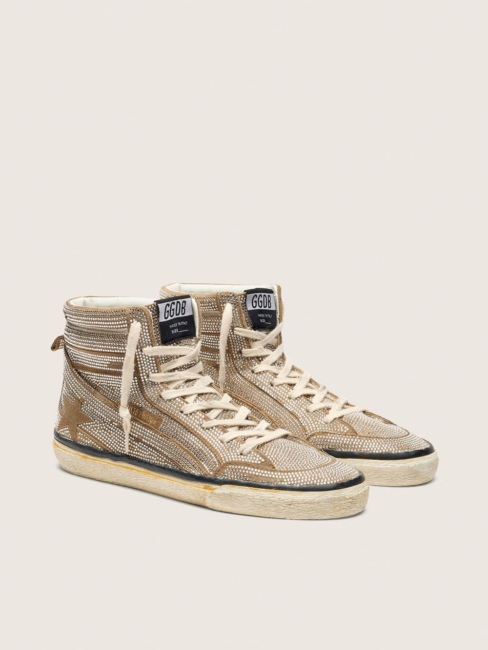 Golden Goose Women's Slide LAB sneakers in tobacco-colored suede with crystals and tobacco-colored suede star