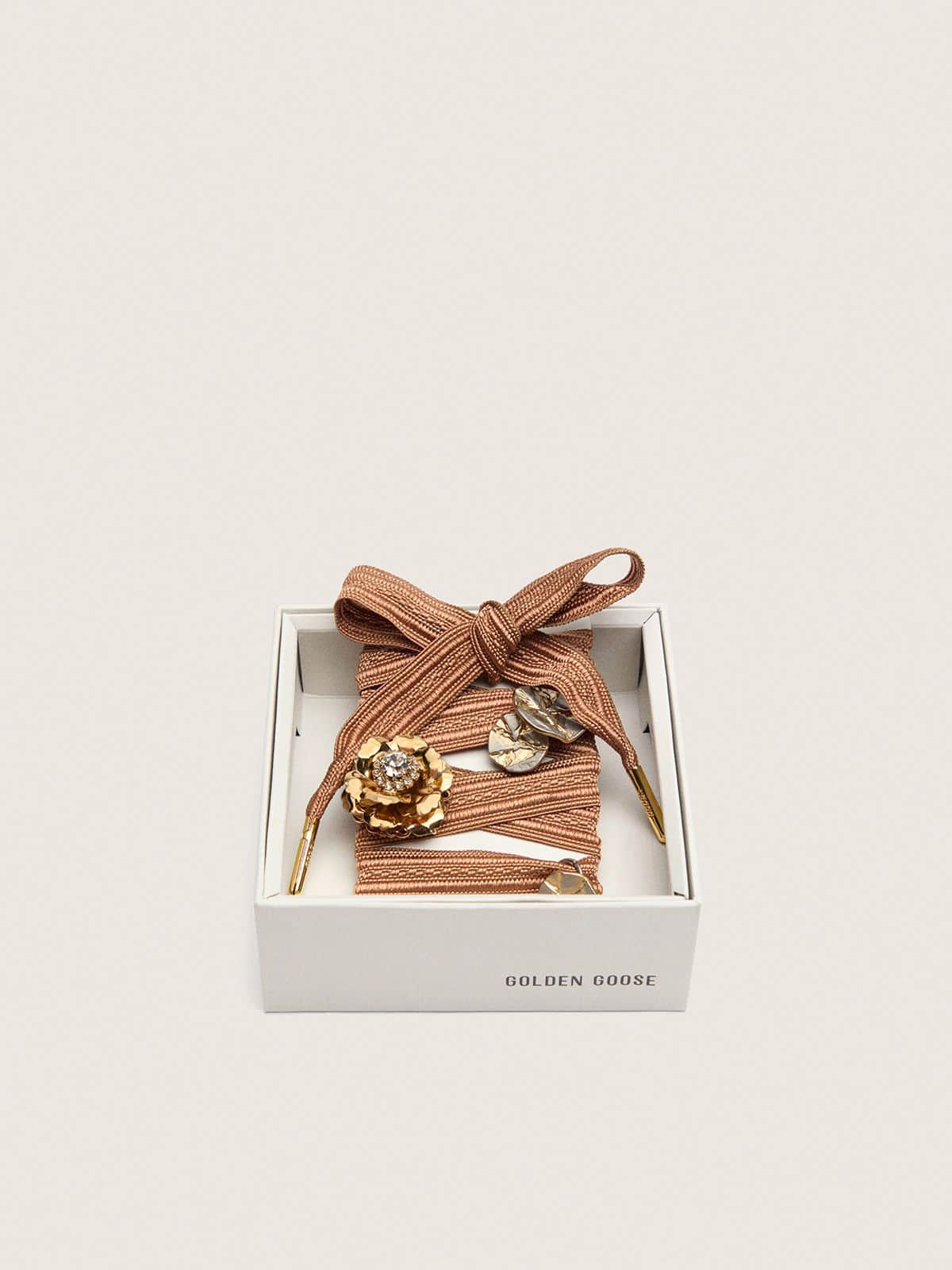 Golden Goose Skins burgundy and peach embroidered laces embellished with charms