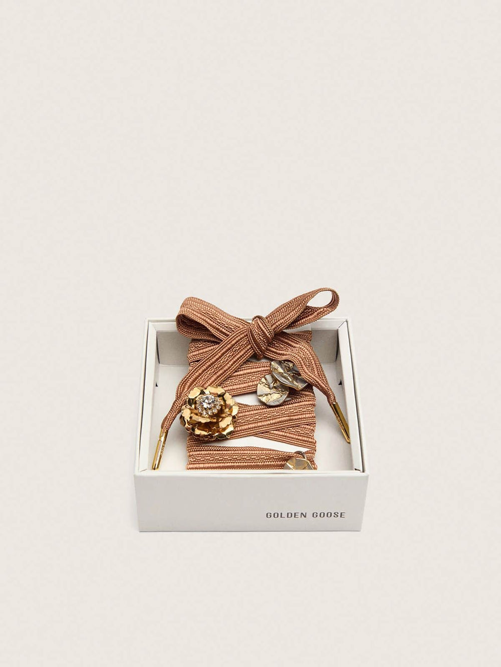 Golden Goose Skins burgundy and peach embroidered laces embellished with charms