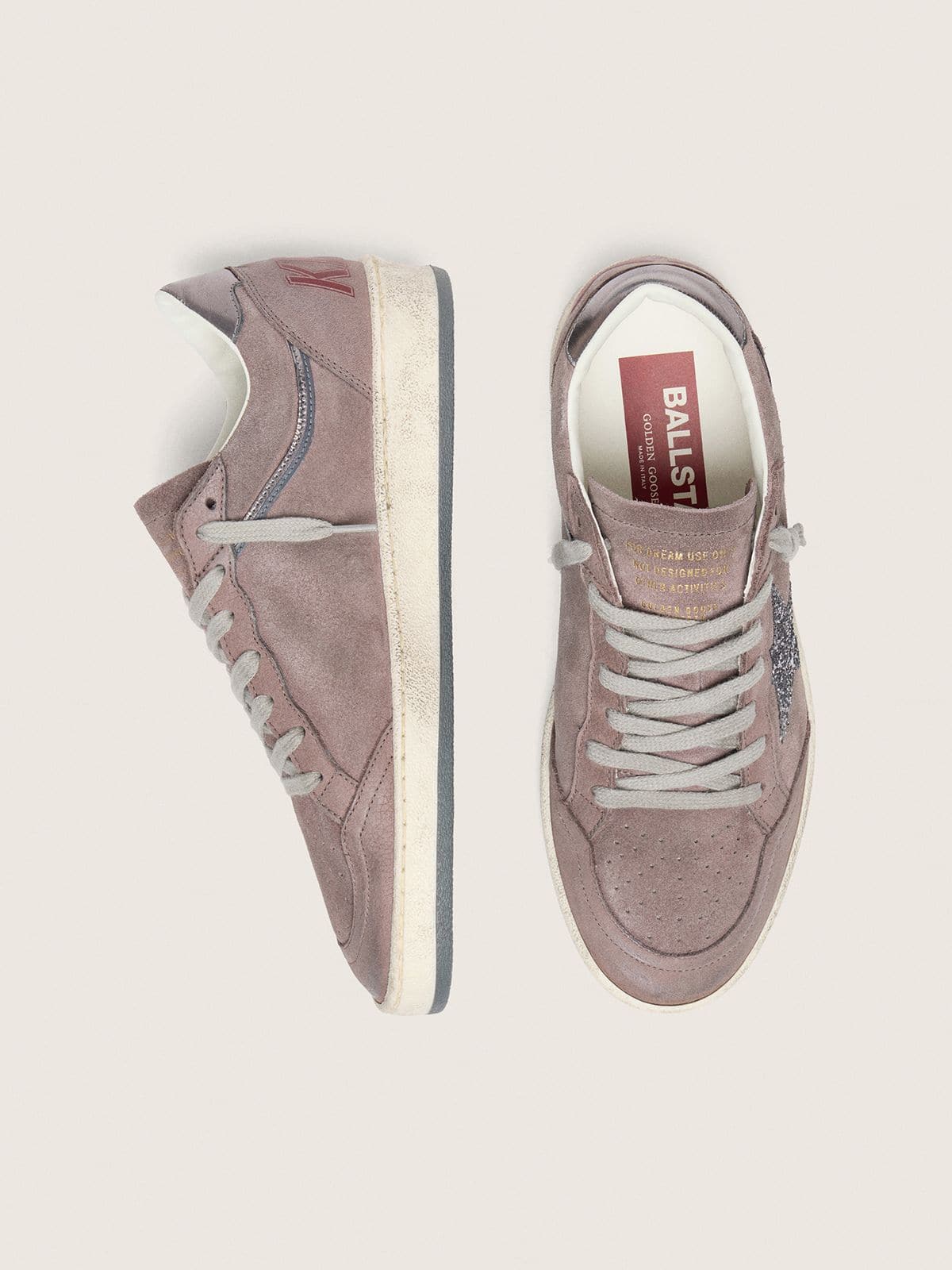 Golden Goose Women's Ball Star in lavender suede with silver glitter star and laminated leather heel tab