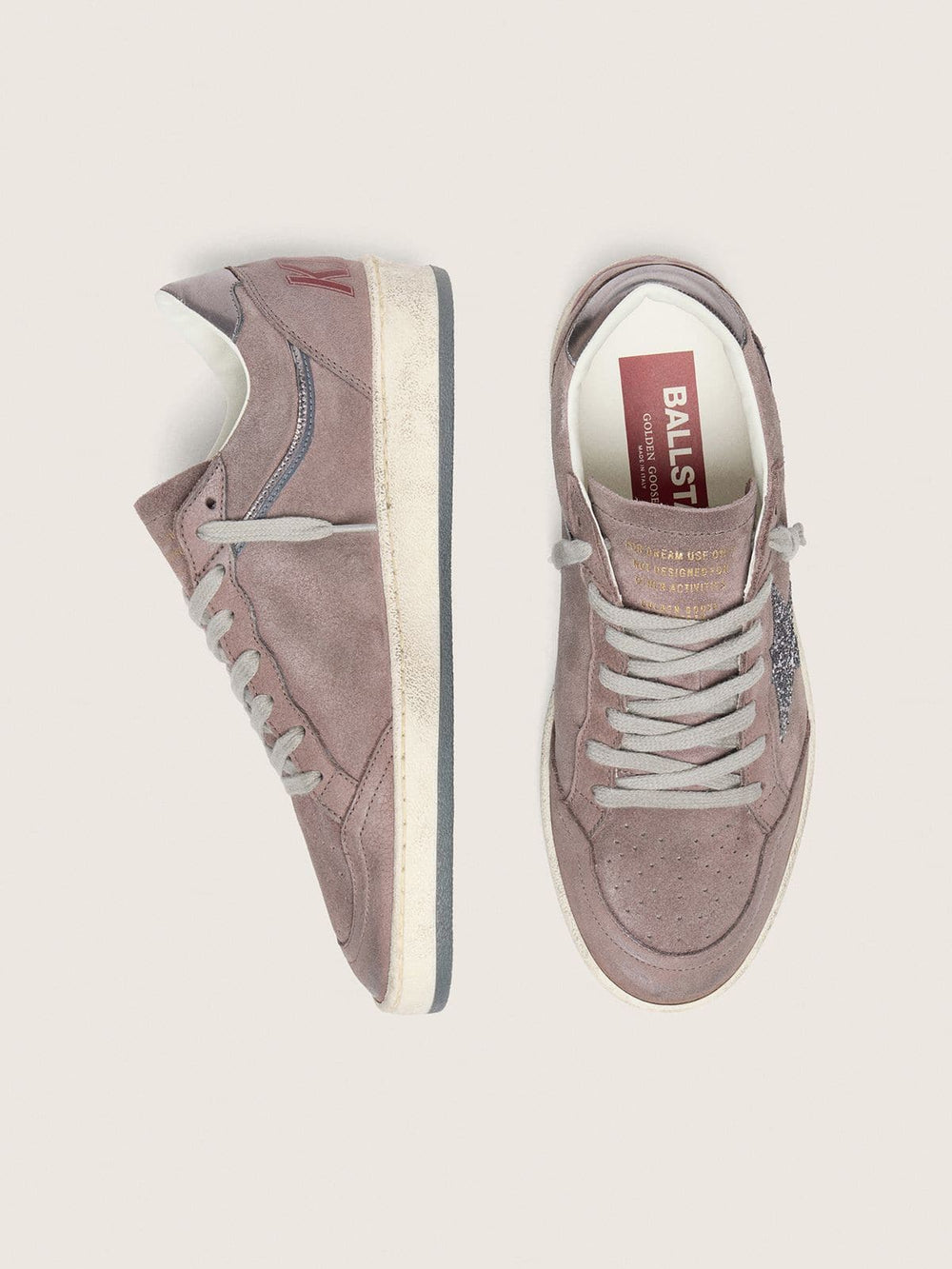 Golden Goose Women's Ball Star in lavender suede with silver glitter star and laminated leather heel tab