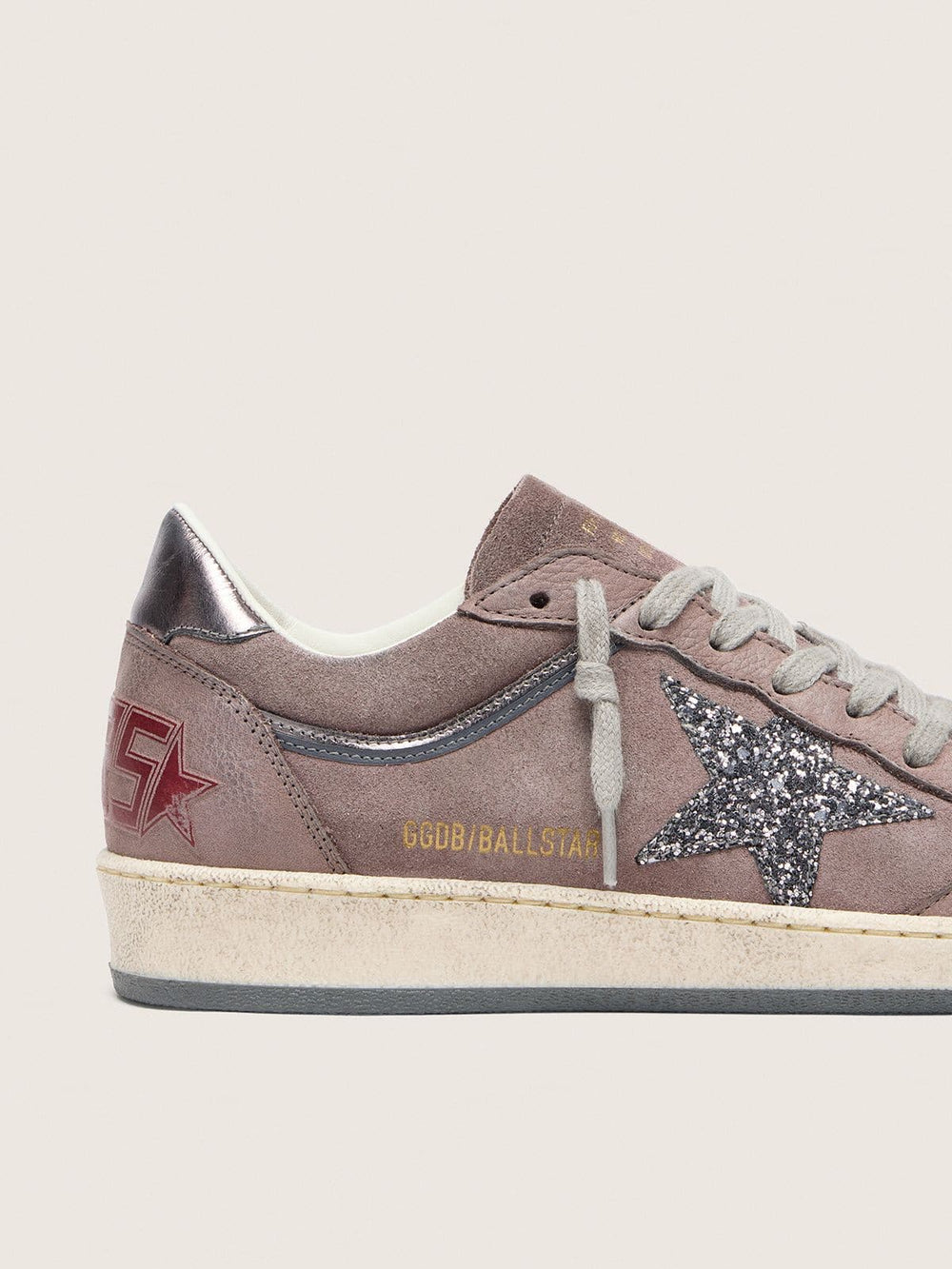 Golden Goose Women's Ball Star in lavender suede with silver glitter star and laminated leather heel tab