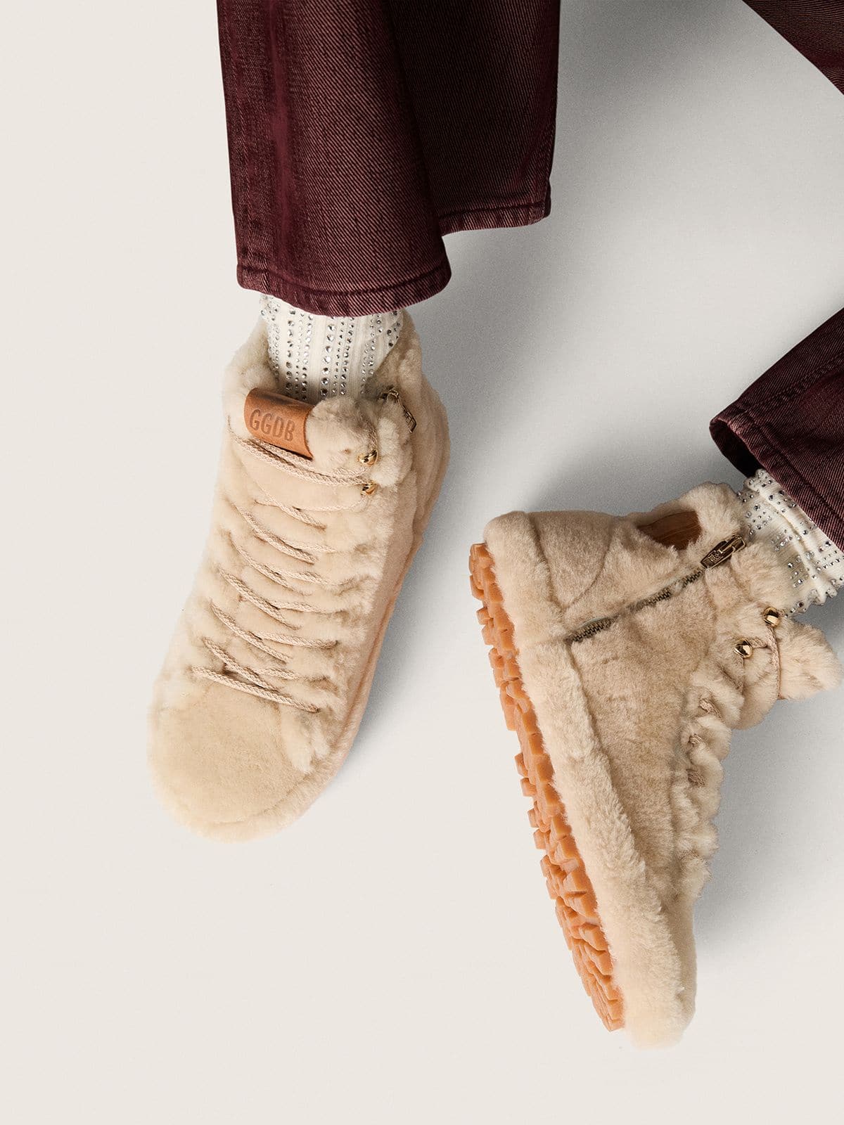 Golden Goose Women's Francy in beige shearling with brown leather star