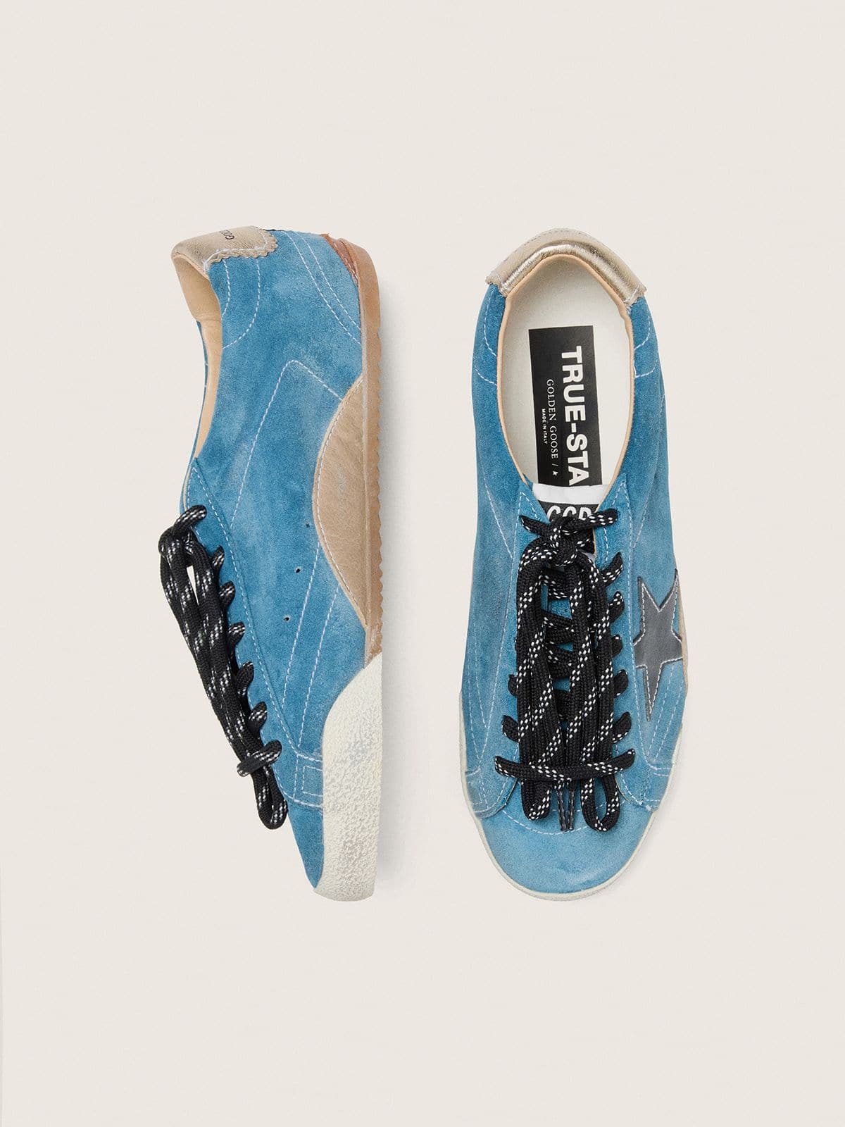 Golden Goose Women's True-Star in teal suede with black star and cream heel tab