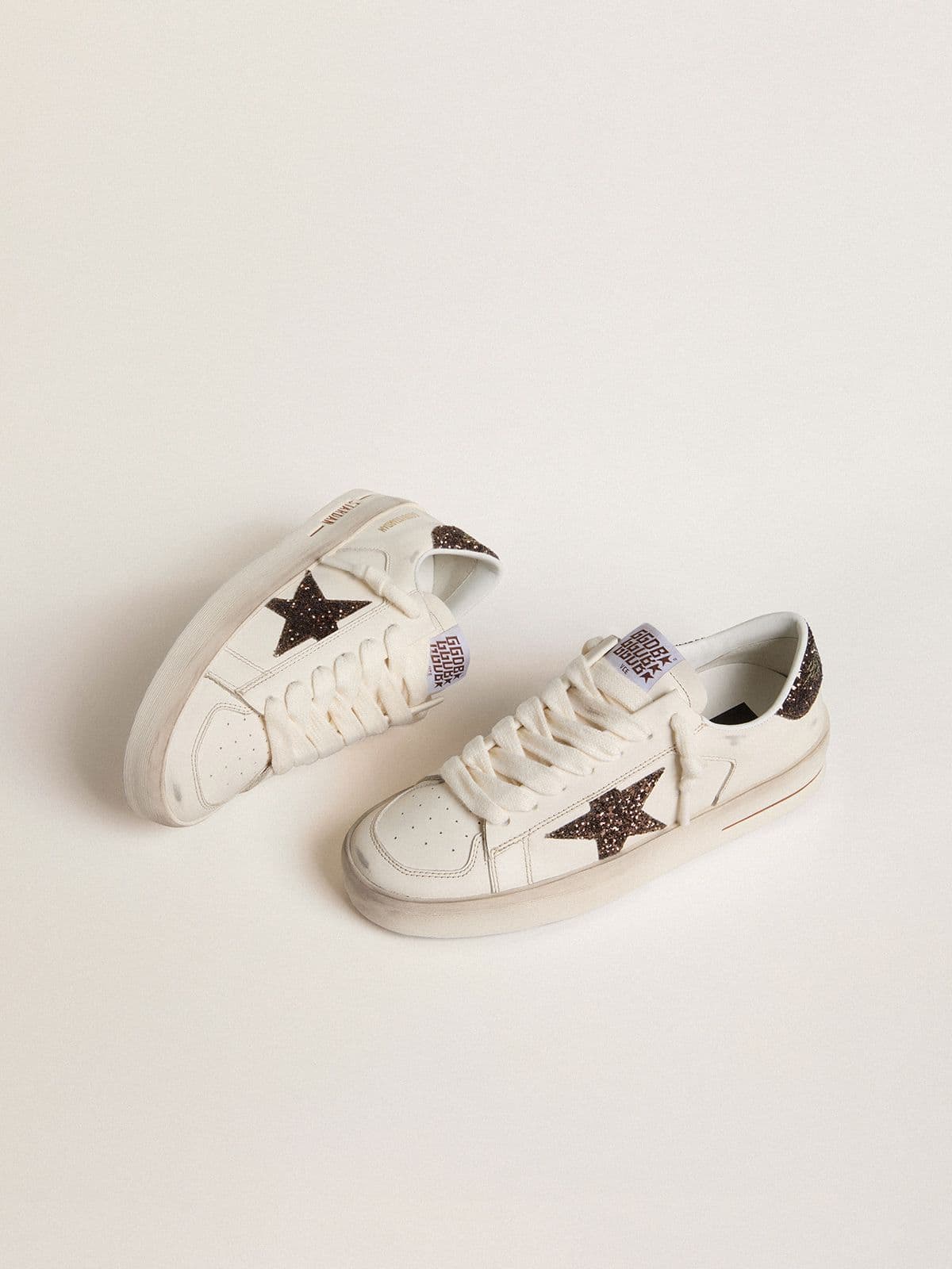 Golden Goose Women's Stardan in white leather with brown glitter star and heel tab
