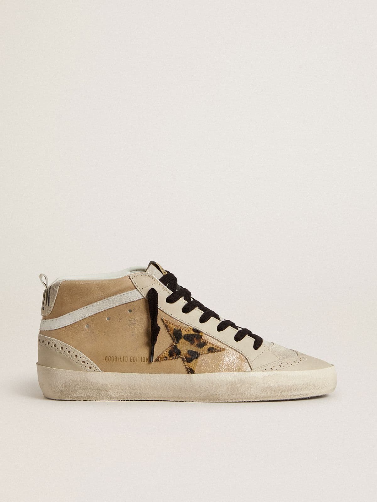 Golden Goose Women’s Mid Star in beige naplak leather with leopard-print pony skin star