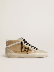 Golden Goose Women’s Mid Star in beige naplak leather with leopard-print pony skin star
