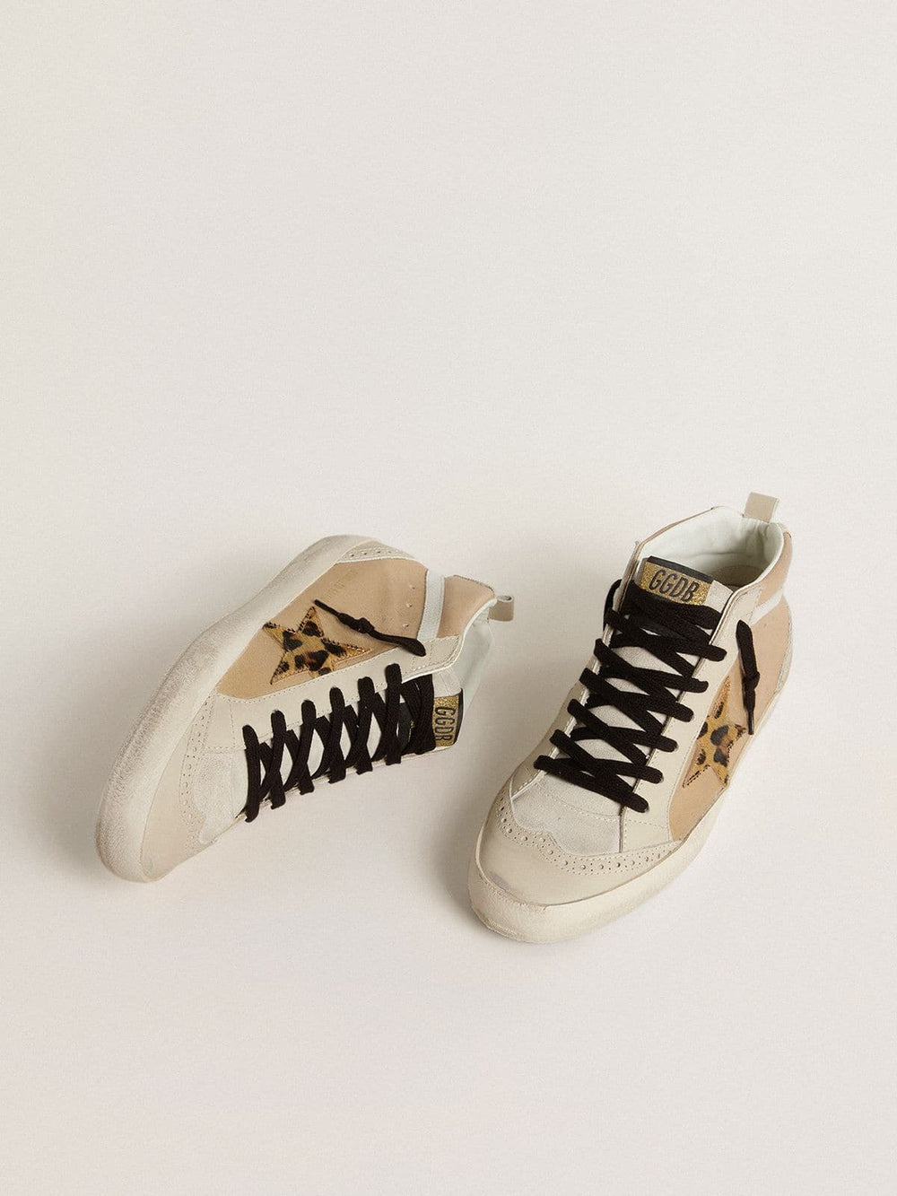 Golden Goose Women’s Mid Star in beige naplak leather with leopard-print pony skin star