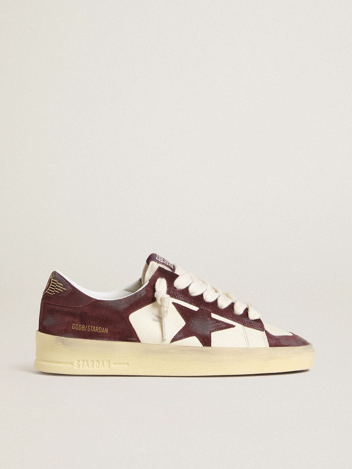 Golden Goose Women’s Stardan in white nappa with burgundy suede star and heel tab