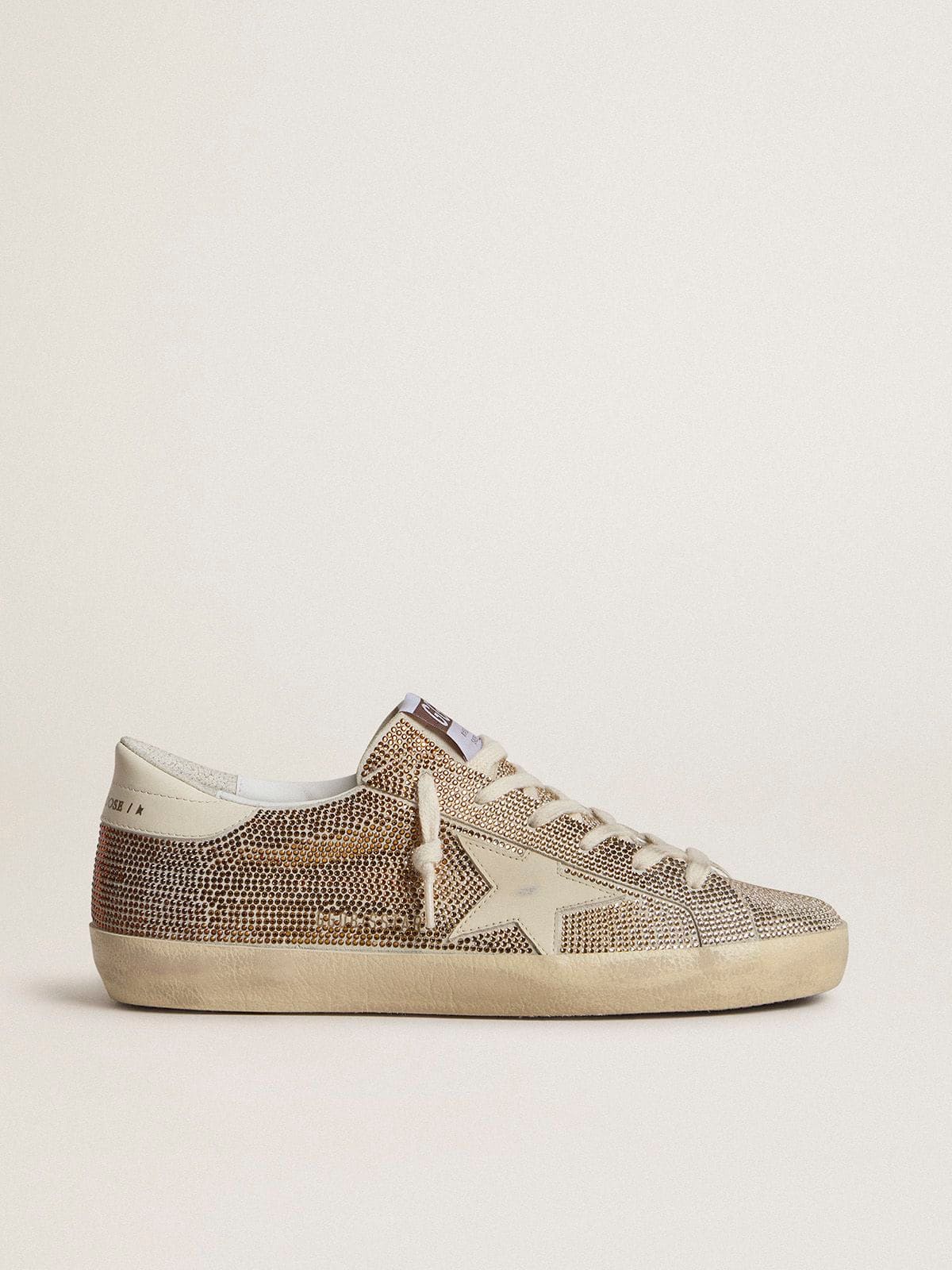 Golden Goose Super-Star in beige suede and multicolored crystals with cream-colored leather star and heel tab