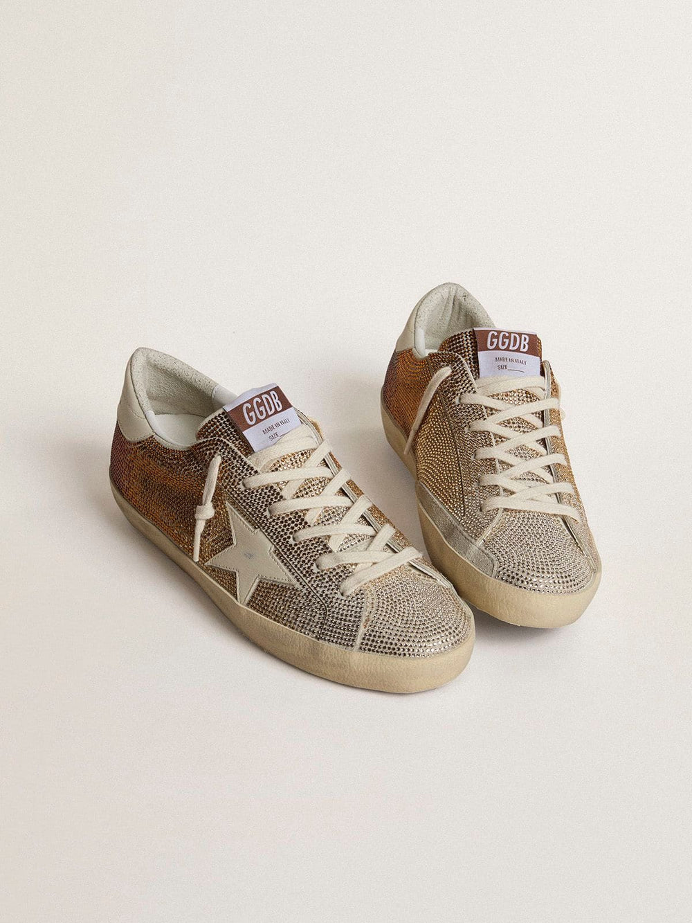 Golden Goose Super-Star in beige suede and multicolored crystals with cream-colored leather star and heel tab