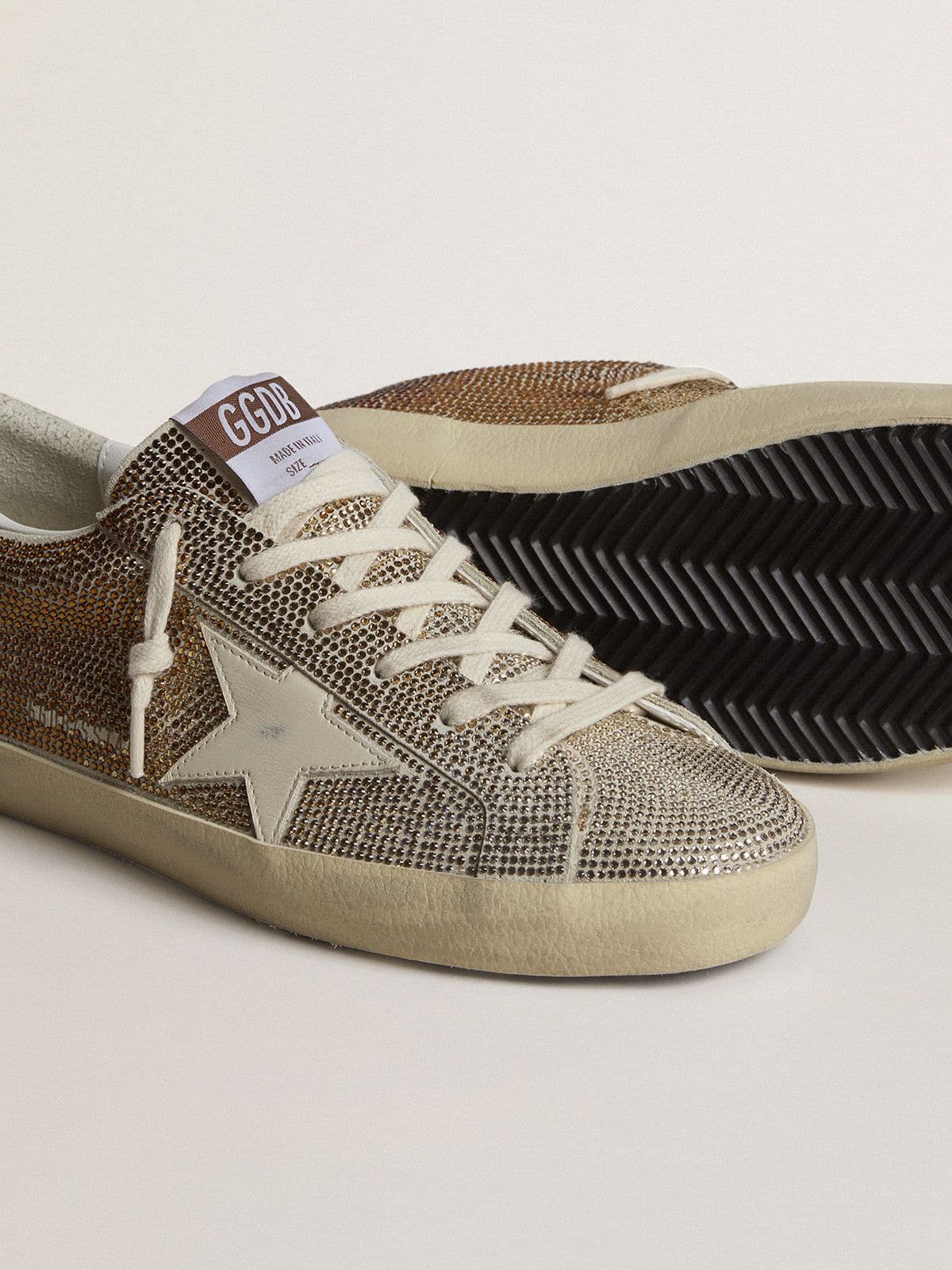 Golden Goose Super-Star in beige suede and multicolored crystals with cream-colored leather star and heel tab
