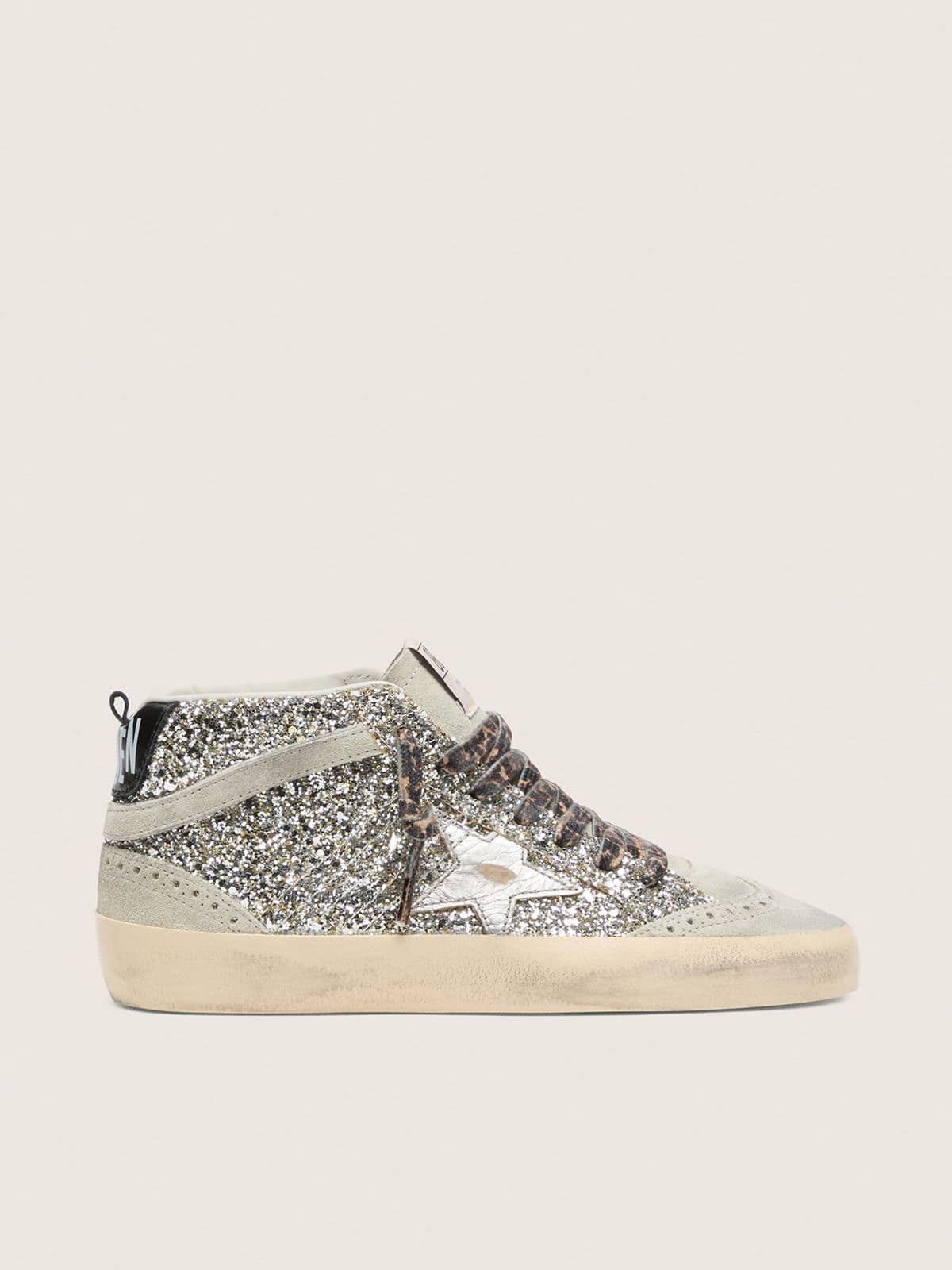 Golden Goose Mid Star  in silver glitter with silver metallic leather star