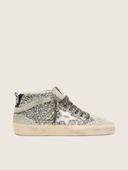 Golden Goose Mid Star  in silver glitter with silver metallic leather star