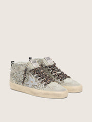 Golden Goose Mid Star  in silver glitter with silver metallic leather star