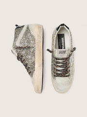 Golden Goose Mid Star  in silver glitter with silver metallic leather star