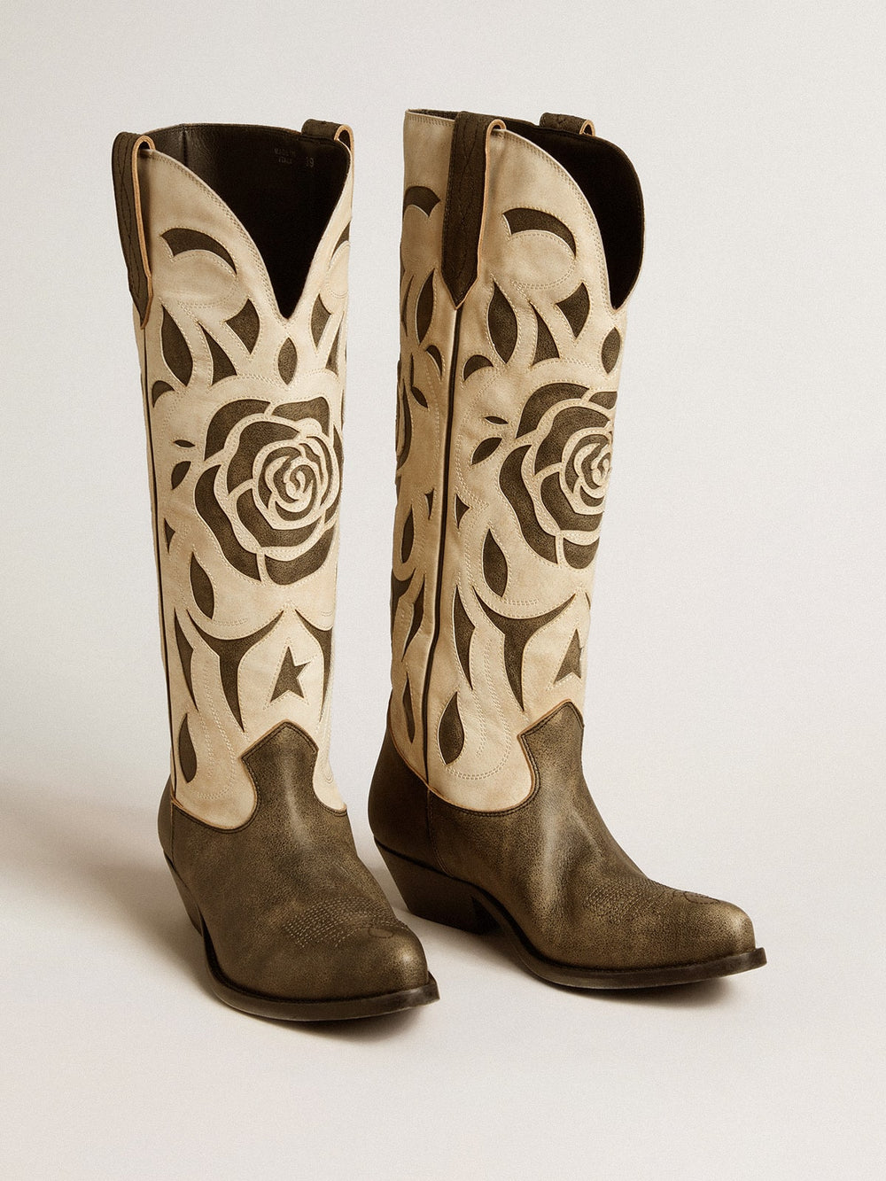 Golden Goose Wish Star boots in black and white leather with inlay rose and star