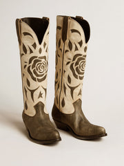 Golden Goose Wish Star boots in black and white leather with inlay rose and star