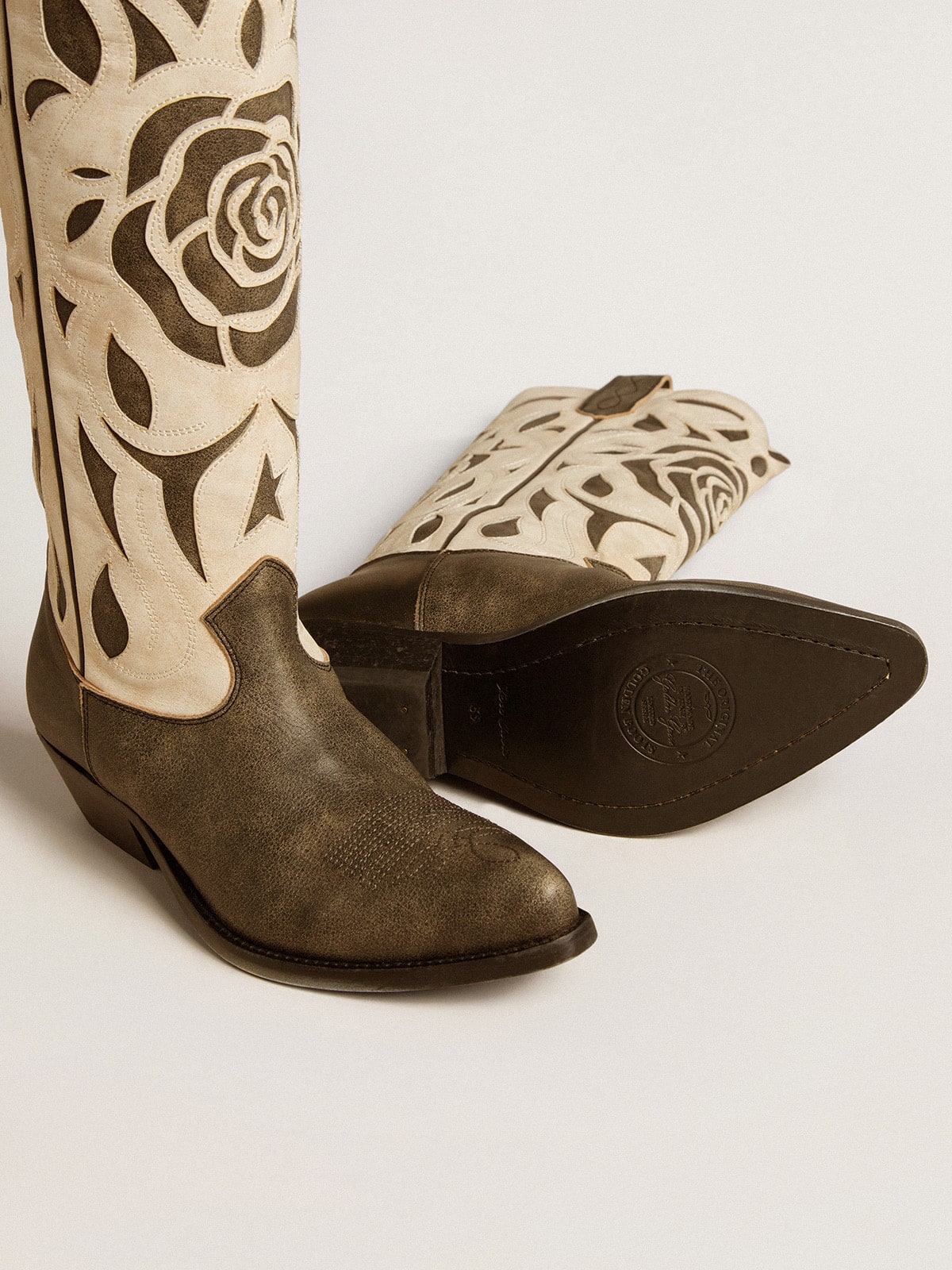 Golden Goose Wish Star boots in black and white leather with inlay rose and star