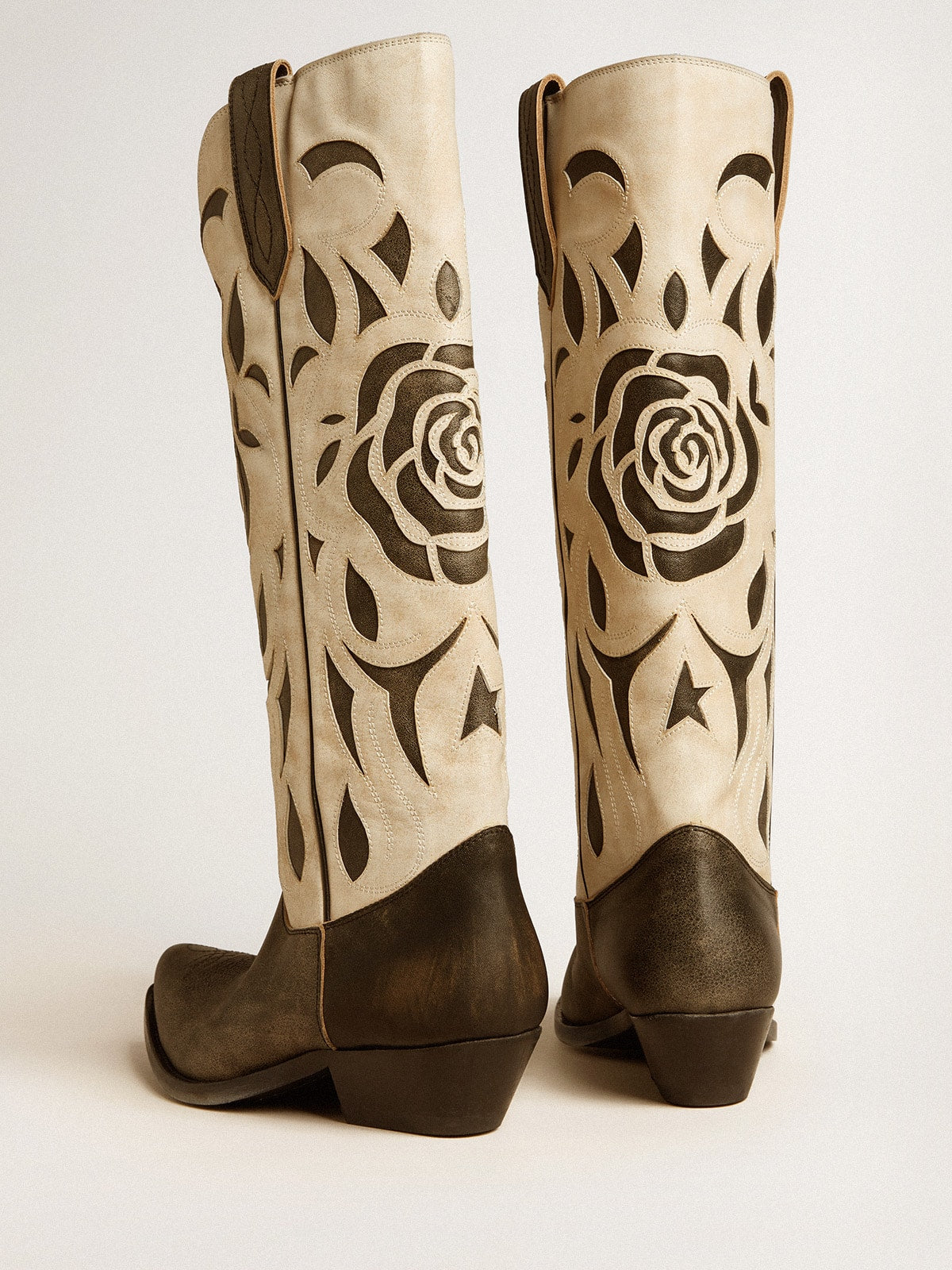 Golden Goose Wish Star boots in black and white leather with inlay rose and star